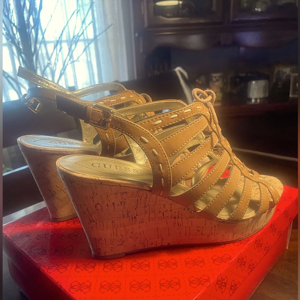 Guess, Tan Colored, Strap Wedge Heel. Size 8